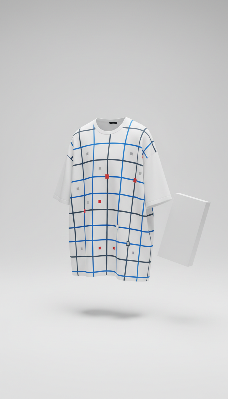 Oversized White Tee With Blue Grid